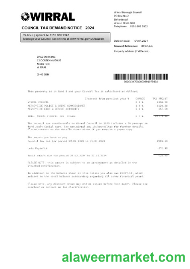 United Kingdom Wirral council tax business utility  bill template in Word and PDF formats